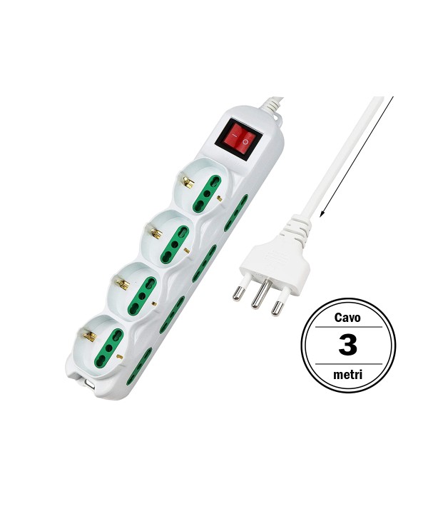 Multipresa Ciabatta Elettrica Cavo 3M Con 12 Posti 4 Prese Schuko 10/16A +  8 Prese Bipasso 2P+T 10/16A Interruttore