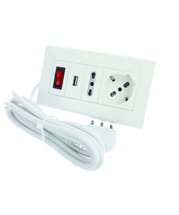Multipresa Da Tavolo Con USB Bianco 1 Presa Schuko 1 Presa Bipasso 10/16A Interruttore Spina 16A Cavo 2 Metri