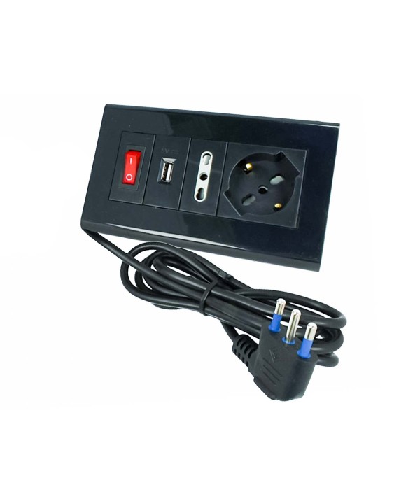Multipresa Da Tavolo Con USB Nero 1 Presa Schuko 1 Presa Bipasso 10/16A Interruttore Spina 16A Cavo 2 Metri
