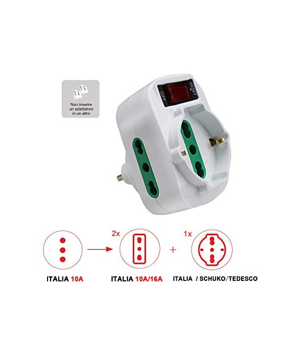 Adattatore Triplo Con Interruttore Spina 10A 2 Prese 10/16A Bipasso + 1 Presa Schuko 250V Bianco XSL1080
