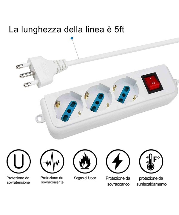 Multipresa Ciabatta Elettrica Cavo 1,5M Con 3 Posti Prese Universale 10/16A Schuko e Interruttore Spina 10A Laterale Bianco