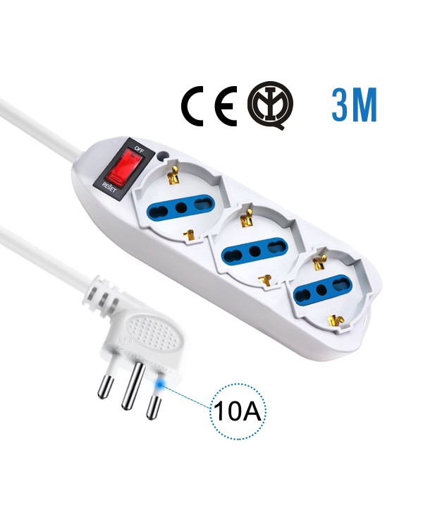 Multipresa Ciabatta Elettrica Cavo 3M Con 3 Posti Prese Universale 10/16A Schuko e Interruttore Spina 10A Laterale Bianco