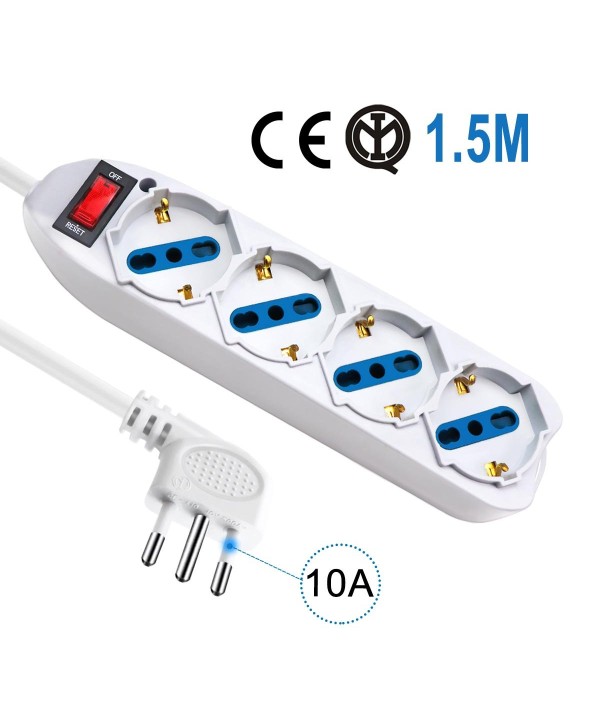 Multipresa Ciabatta Elettrica Cavo 1,5M Con 4 Posti Prese Universale 10/16A Schuko e Interruttore Spina 10A Laterale Bianco