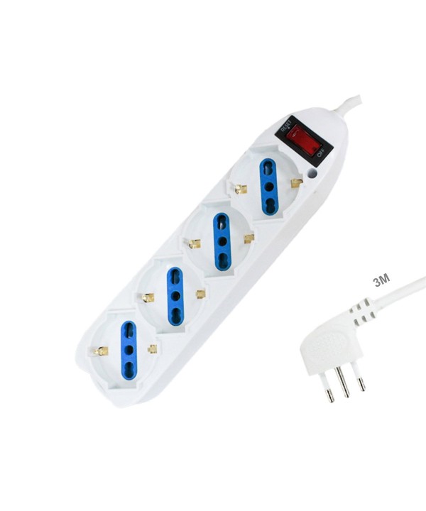 Multipresa Ciabatta Elettrica Cavo 3M Con 4 Posti Prese Universale 10/16A Schuko e Interruttore Spina 10A Laterale Bianco
