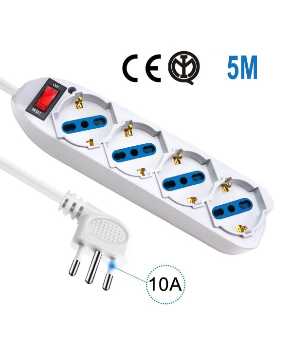 Multipresa Ciabatta Elettrica Cavo 5M Con 4 Posti Prese Universale 10/16A Schuko e Interruttore Spina 10A Laterale Bianco
