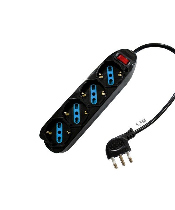 Multipresa Ciabatta Elettrica Con 4 Posti Prese Schuko 10/16A Colore Nero Interruttore Spina 10A Laterale Cavo 1,5M Nero