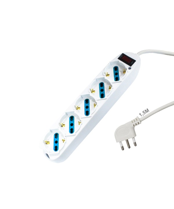 Multipresa Ciabatta Elettrica Cavo 1,5M Con 5 Posti Prese Universale 10/16A Schuko e Interruttore Spina 10A Laterale Bianco