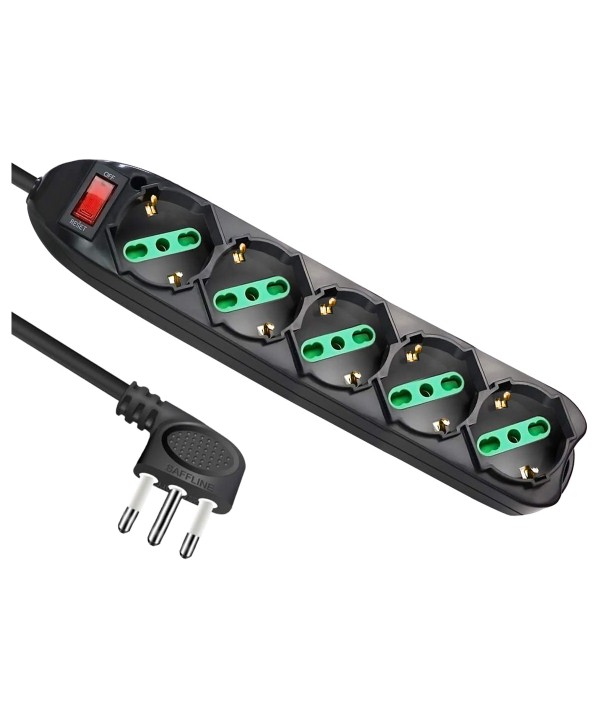 Multipresa Ciabatta Elettrica Con 5 Posti Prese Schuko 10/16A Colore Nero Interruttore Spina 10A Laterale Cavo 1,5M Nero