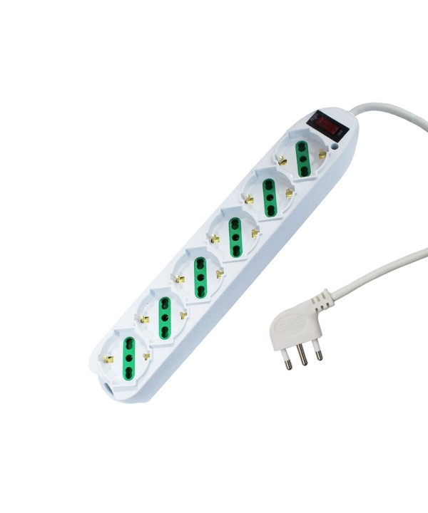 Multipresa Ciabatta Elettrica Cavo 1,5M Con 6 Posti Prese Universale 10/16A Schuko e Interruttore Spina 10A Laterale Bianco
