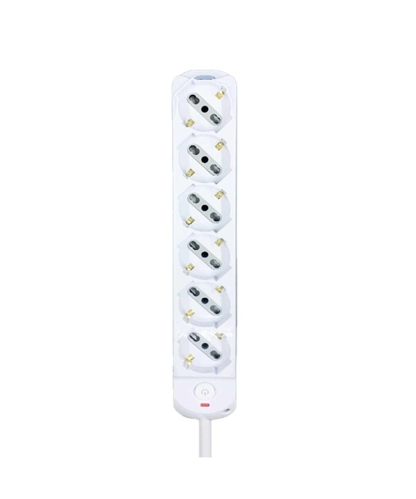 Multipresa Ciabatta Elettrica a 6 Posti 6 Prese Bipasso Schuko 10A/16A con Interruttore e Spina 10A Cavo 1.5 metri Bianco