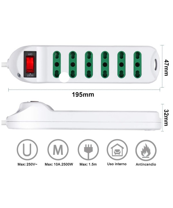 Multipresa Ciabatta Elettrica Cavo 3M Con 6 Posti Prese Bipasso 10/16A 2P+T Interruttore Spina 10A Laterale