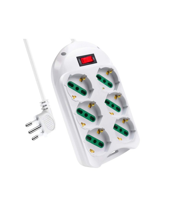Multipresa Ciabatta Elettrica Con 6 Prese Schuko 10/16A Interruttore Spina 10A Laterale Cavo 1,5M Bianco
