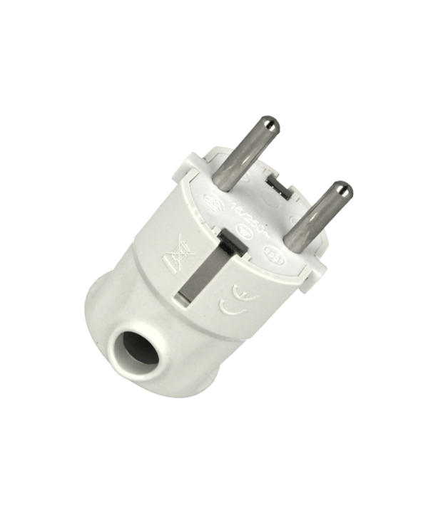 Spina Schuko 16A 250V 3500W 2P+T Uscita Cavo Laterale Multistandard Tedesco Italiano Francese Bianco