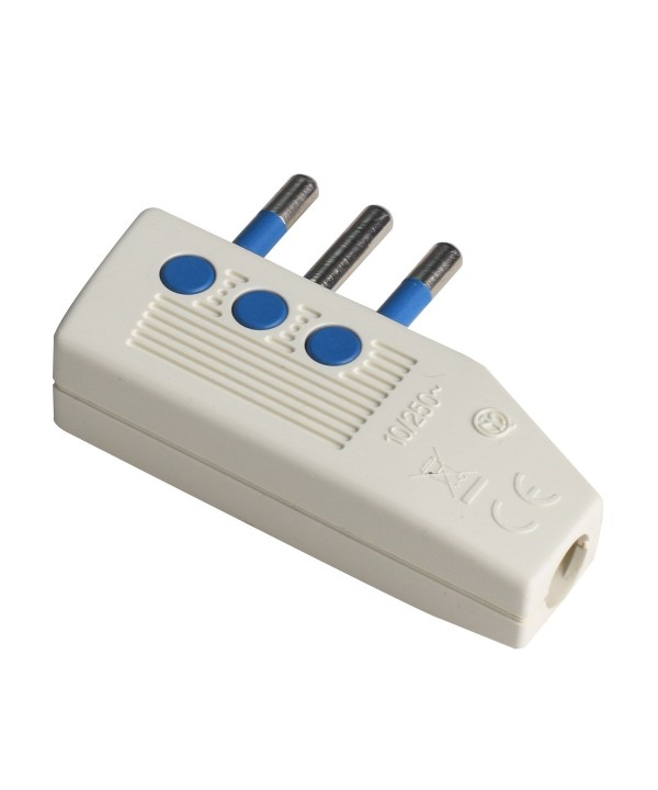 Spina Elettrica Piatta Salvaspazio Laterale 2P+T 10A 250V Max 1500W Uscita Cavo 90 Gradi Bianco