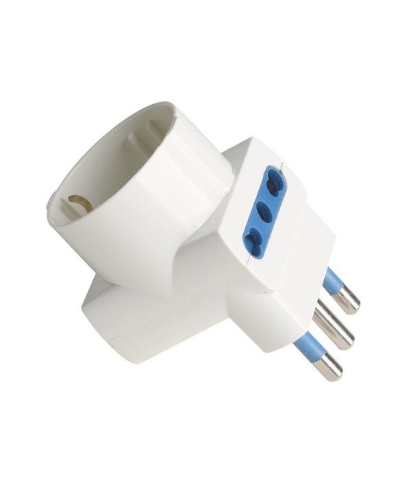 Adattatore Tripla Spina Elettrica Angolare 16A con 2 Prese Bipasso 10A/16A e 1 Presa Schuko 16A Laterale Salvaspazio