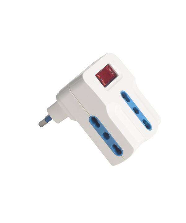 Adattatore Triplo con Interruttore Spina 10A con 3 Prese Bipasso 10A/16A 250V Max 1500W Autoprotezione Sovraccarico Bianco