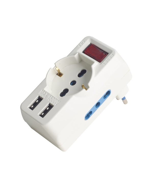 Adattatore con Interruttore Spina 10A con 2 Prese Bipasso 10A/16A 1 Presa Universale e 2 USB A 5V/3A 250V Max 1500W