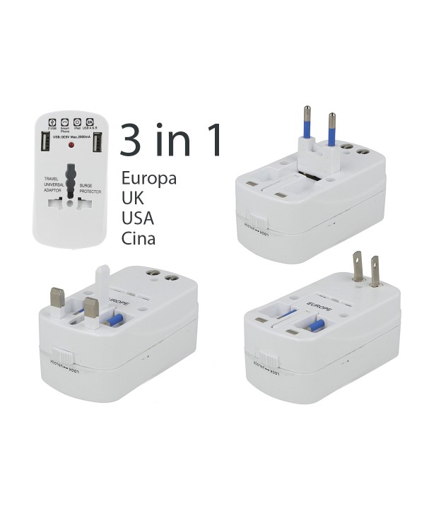 Adattatore Universale da Viaggio con Protezione da Sovraccarico 2 USB 5V 2A 3 Spine Per Europa UK USA Cina America SKU-8704