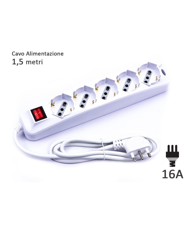 Multipresa Ciabatta Elettrica 5 Posti 10/16A Schuko Cavo 1,5 Metri Max 3500W Spina 16A Laterale SKU-8712