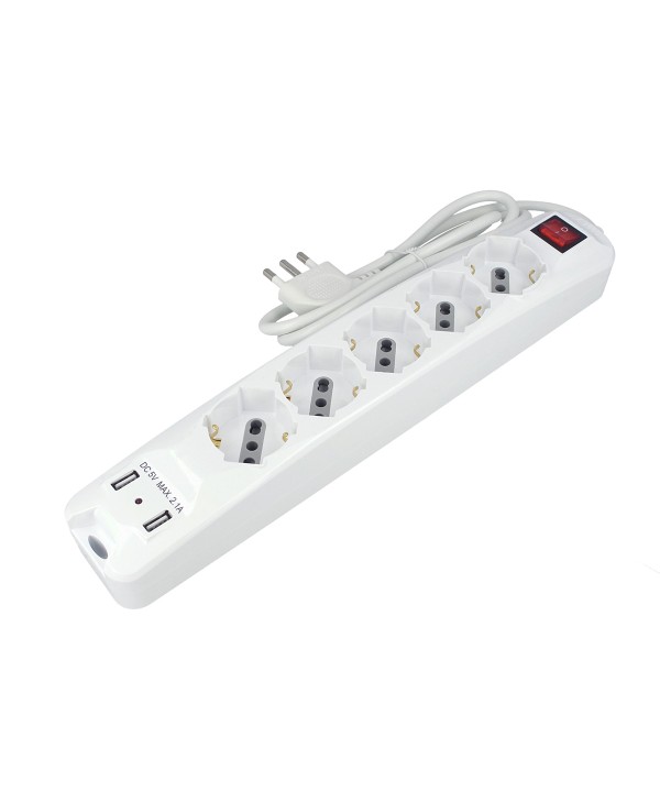 Multipresa Ciabatta Elettrica Spina Con 2 USB 2,1A Cavo 1,5 Metri 5 Posti 2P+T 10/16A Bipasso Schuko Con Interruttore SKU-8715