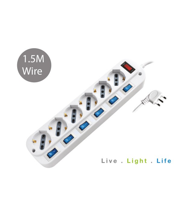 Multipresa Ciabatta Elettrica Spina 16A 2P+T 6 Posti 10/16A Schuko Con Interruttori Indipendenti Cavo 1,5 Metri Max 2500W 3X1.0 mmq SKU-8739