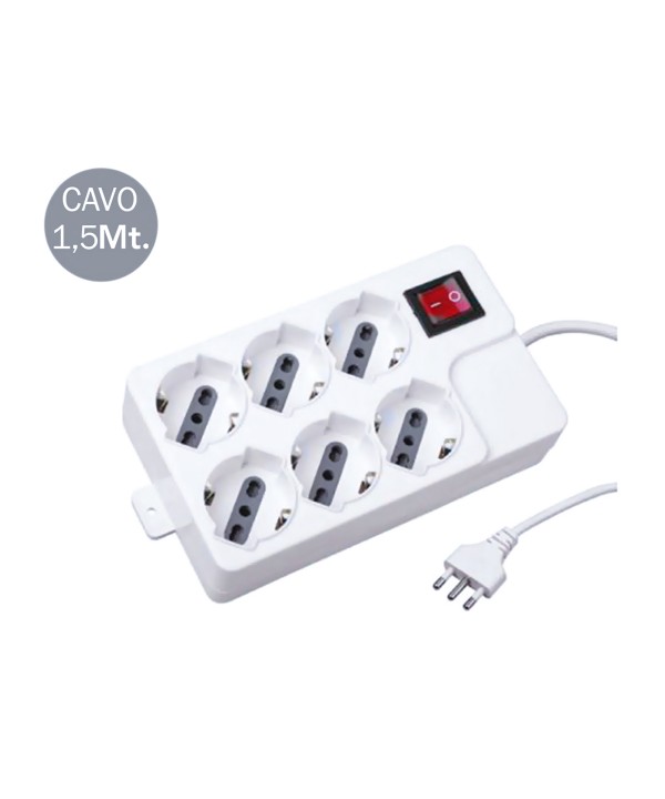 Multipresa Ciabatta Elettrica 6 Posti Prese 10/16A Schuko Con Interruttore 2 Fila Cavo 1,5 Metri SKU-8749