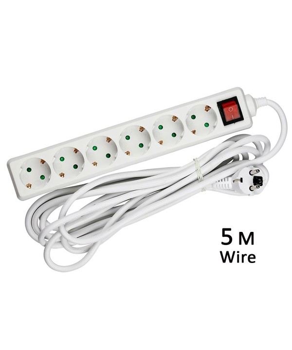 Multipresa Ciabatta Elettrica 6 Posti Schuko Spina Tipo Ibrido F + E Cavo Lunga 5 Metri Con Interruttore SKU-8769
