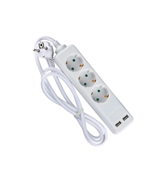 Multipresa Ciabatta Elettrica Con 2 USB e 3 Posti Schuko 10A Cavo Lungo 1,5 Metri Colore Bianco 3X1.5 mmq SKU-8774