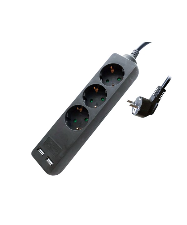 Multipresa Ciabatta Elettrica Con 2 USB e 3 Posti Schuko 10A Cavo Lunga 1,5 Metri Colore Nero 3X1.5 mmq SKU-8776