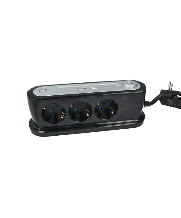 Multipresa Ciabatta da Tavolo 3 Prese Schuko 16A 2P e 2 Porte USB 5V 2,4A Con Interruttore Colore Nero SKU-8817