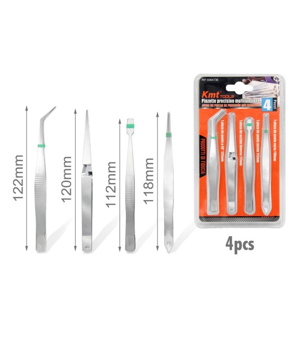 Kit di 4 Pinzette Precisione Multifunzione per Laboratori Industriali, Gioielli, Hobby, Artigianato