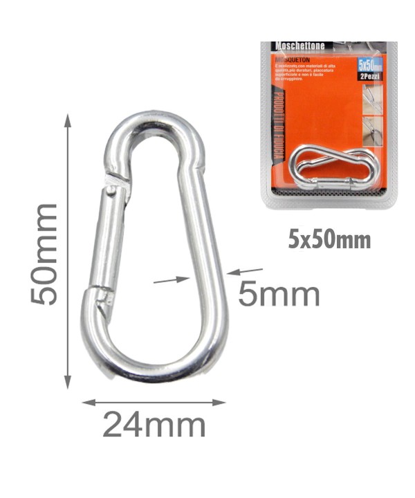 Kit 2 Pezzi Moschettoni a Forma D in Acciaio Modello Portachiavi Rinforzato 5x50mm