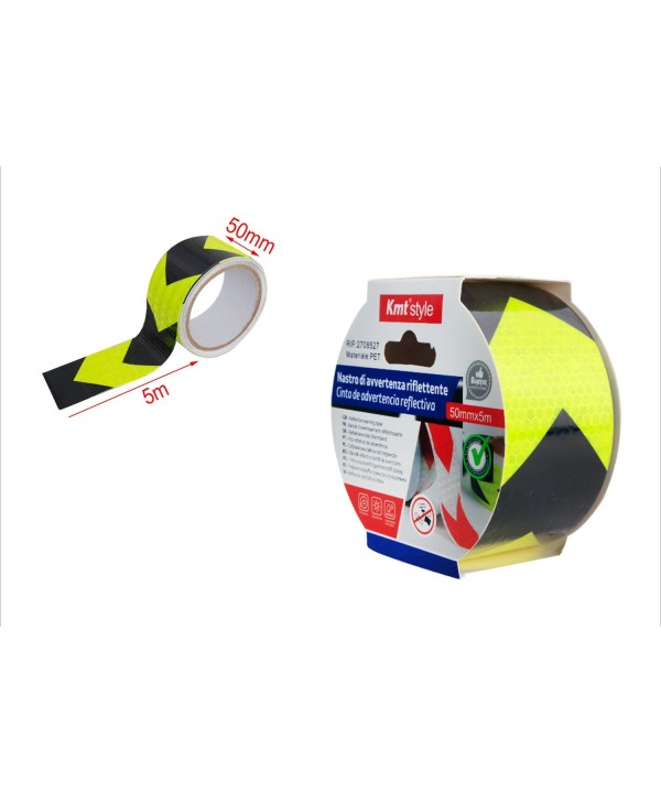 Nastro Adesivo Riflettente 50mm X 5MT Nero Giallo Con Freccia Catarifrangente Ad Alta Visibilità