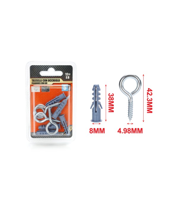 Set 5 pcs Tasselli Ø8x40mm Con Occhioli Chiusi Ø12x40mm