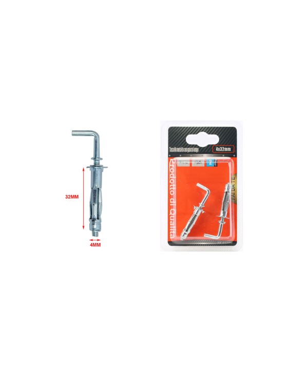 2 pcs Tasselli con Gancio Lungo 90° in Metallo Ø4x32mm
