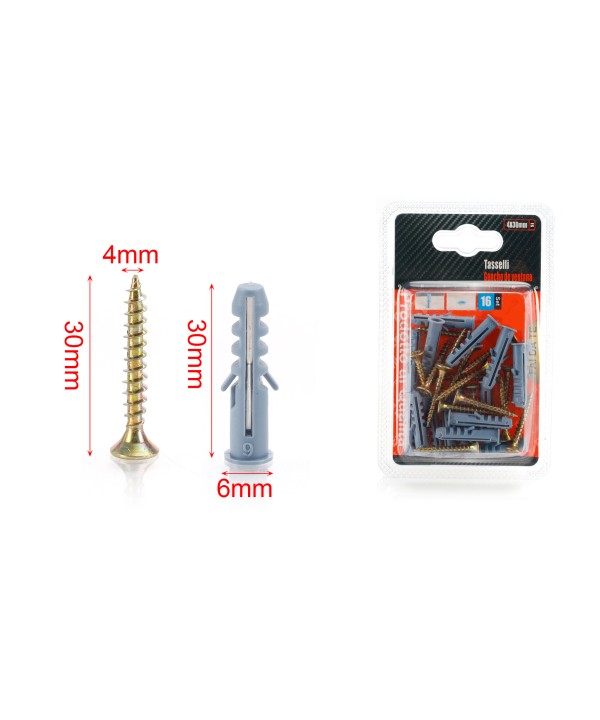 Kit 16 pcs Tasselli Ø6x30mm Con Viti 4x30mm