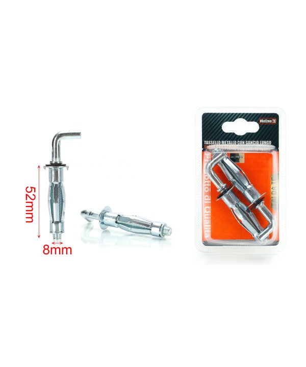 2 pcs Tasselli con Gancio Lungo 90° in Metallo Ø8x52mm