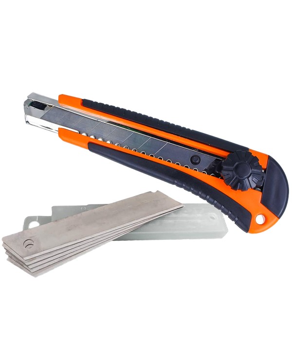 Taglierino Cutter Professionale 18mm + 5 Lama di Ricambio Con Anello Di Fissaggio