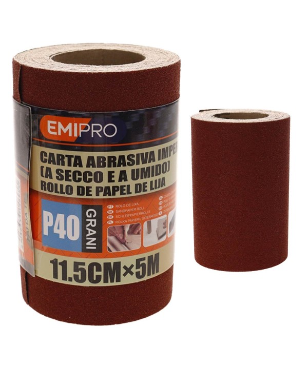 Carta Abrasiva Impermeabile A Secco e A Umido, Rotolo da 11,5cm x 5m, Grano P 40