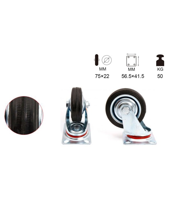 Ruota Giratoria per Carrello Mobile D75mm Portata Max 50KG