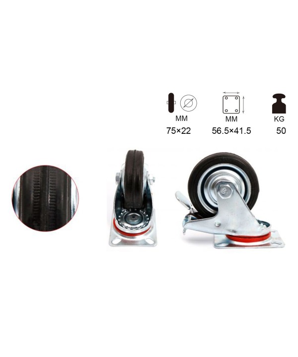 Ruota Giratoria Con Freno per Carrello Mobile D75mm Portata Max 50KG