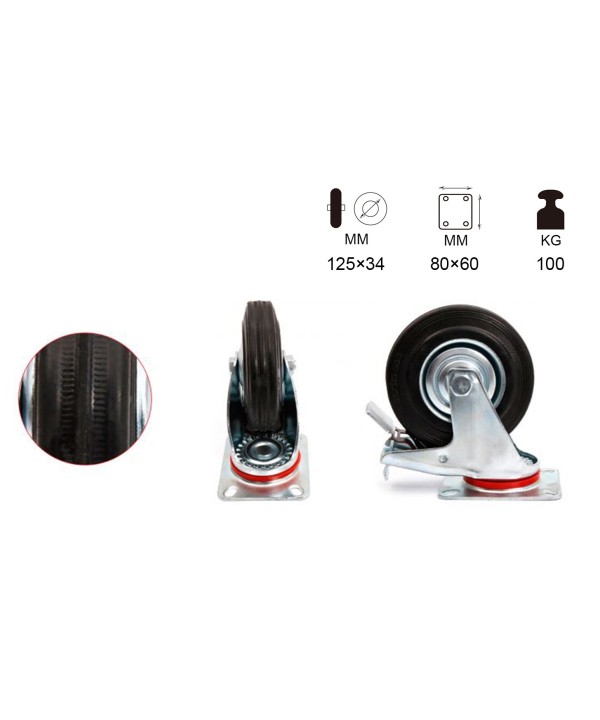 Ruota Giratoria Con Freno per Carrello Mobile D125mm Portata Max 100KG