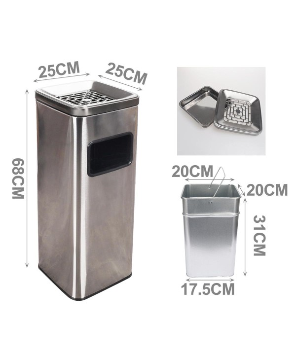 Pattumeria 2in1 Posacanare piu Gettacarte da Terra Esterno in Acciaio Inox Cesto Estraibile con Maniglia L25cm x W25cm x H68cm