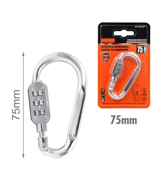 Moschettone di Alluminio Forma D Portachiave con Lucchetto a Combinazione 75mm Colore Assortito