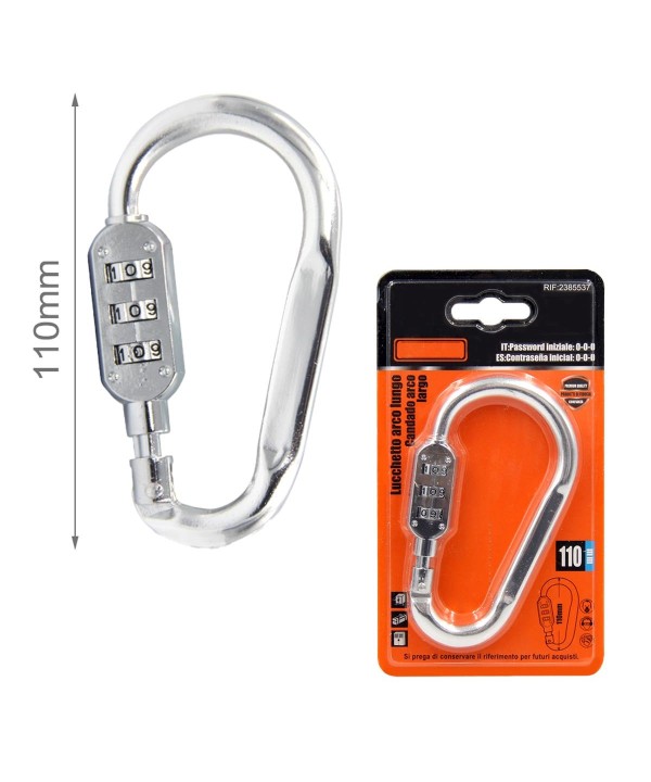 Moschettone di Alluminio Forma D Portachiave con Lucchetto a Combinazione 110mm Colore Assortito