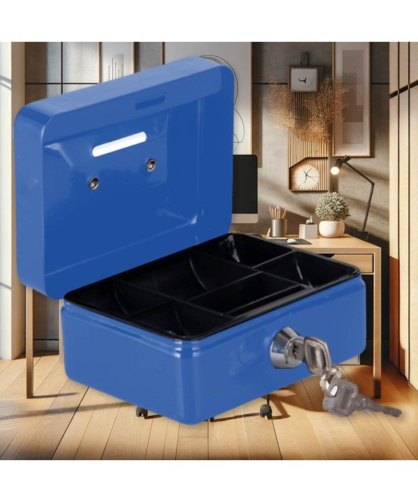 Cassetta Portavalori di Sicurezza in Acciaio con 2 Chiavi, Cassette dei contanti Vassoio Portamonete Integrato, Dimensioni 12,5x9,5x6cm, Colore Blu