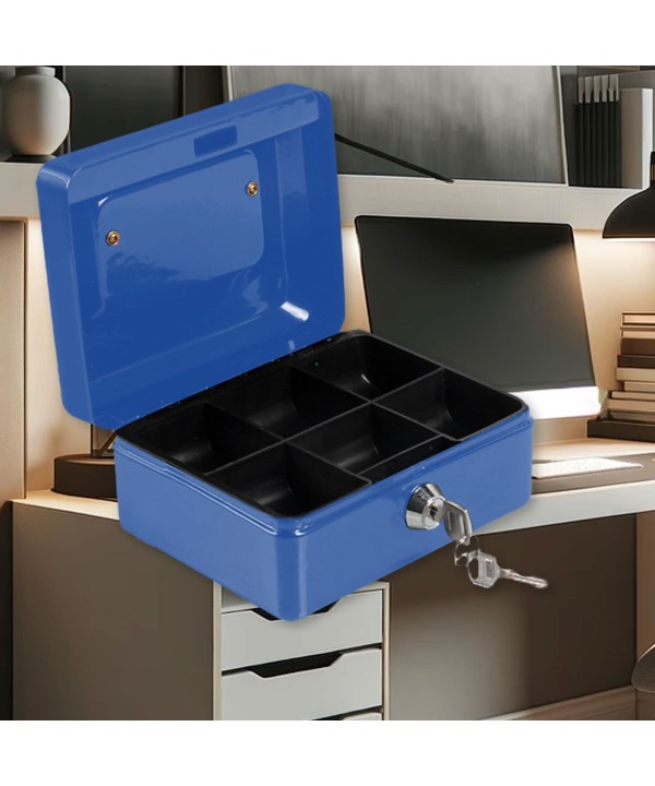 Cassetta Portavalori di Sicurezza in Acciaio con 2 Chiavi, Cassette dei contanti Vassoio Portamonete Integrato Dimensioni 15x11,5x8 cm, Colore Blu