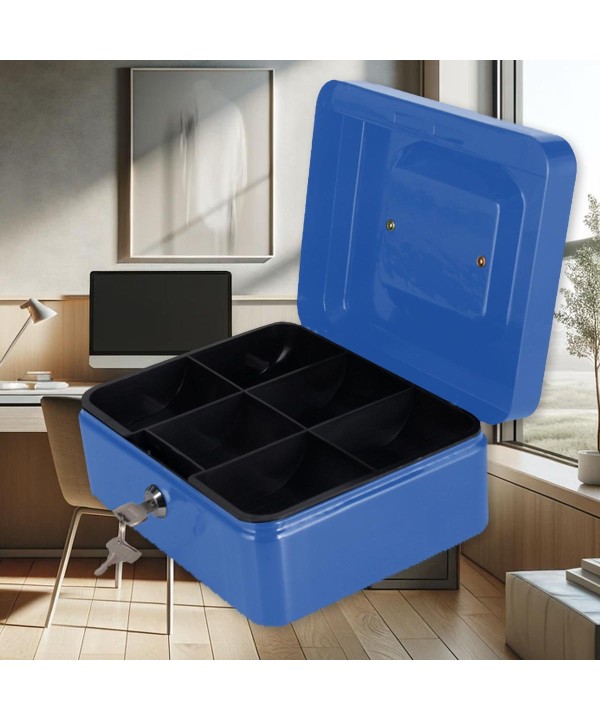 Cassetta Portavalori di Sicurezza in Acciaio con 2 Chiavi, Cassette dei contanti Vassoio Portamonete Integrato Dimensioni 20x16x9 cm, Colore Blu