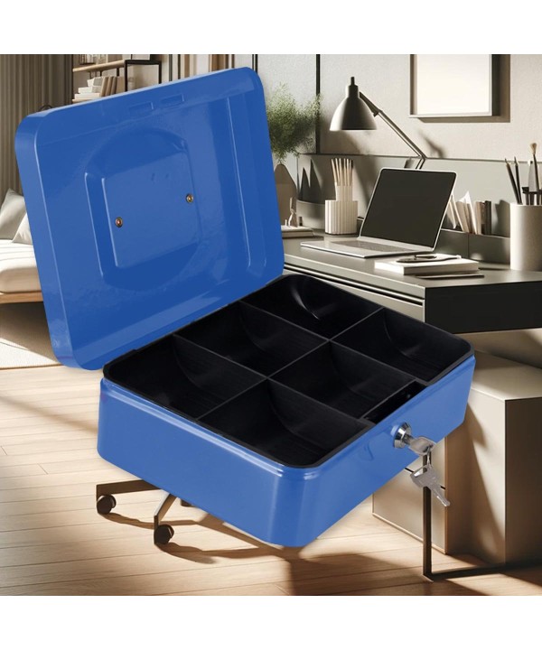 Cassetta Portavalori di Sicurezza in Acciaio con 2 Chiavi, Cassette dei contanti Vassoio Portamonete Integrato Dimensioni 25x20x9 cm, Colore Blu