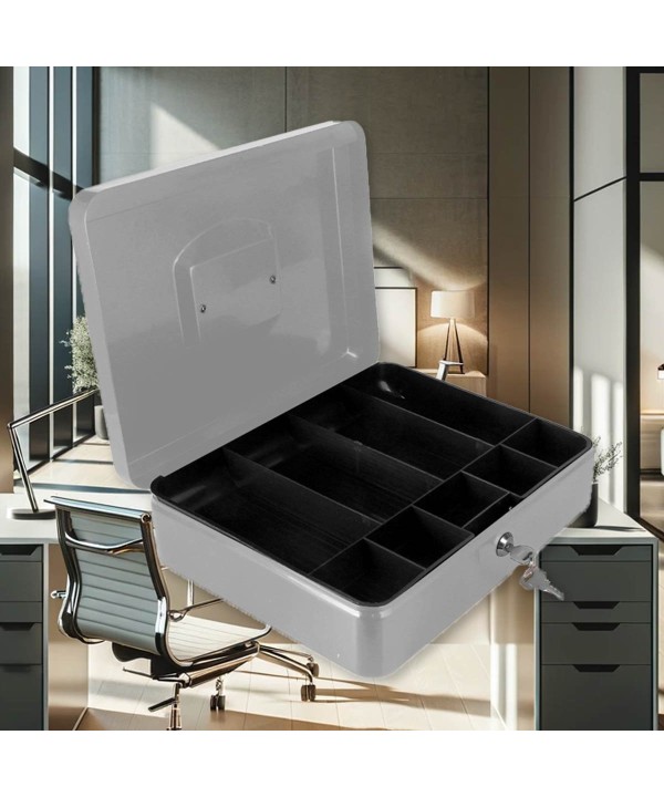 Cassetta Portavalori di Sicurezza in Acciaio con 2 Chiavi, Cassette dei contanti Vassoio Portamonete Integrato Dimensioni 30x24x9 cm, Colore Grigio